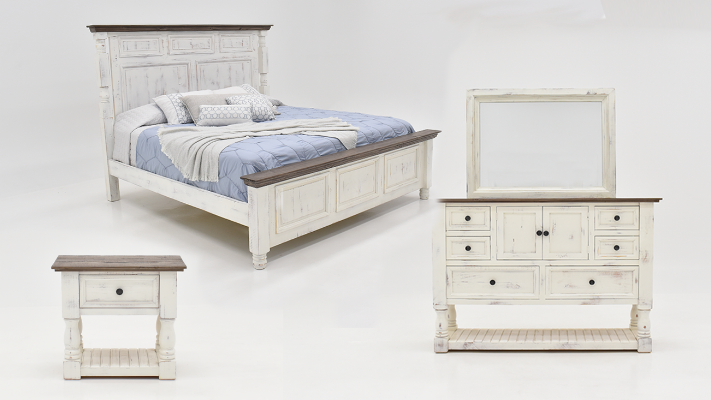 Martha King Size Bedroom Set with Rustic White Finish, Includes Bed, Dresser with Mirror, and Nightstand | Home Furniture Plus Bedding