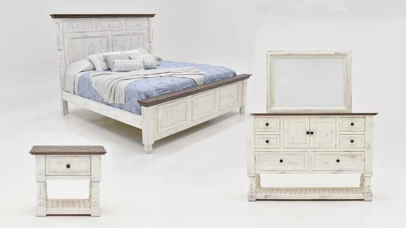 Martha King Size Bedroom Set with Rustic White Finish, Includes Bed, Dresser with Mirror, and Nightstand | Home Furniture Plus Bedding
