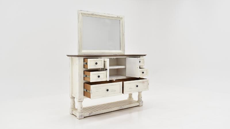 Martha Dresser with Attached Mirror, Slightly Angled View with Drawers Open | Home Furniture Plus Bedding