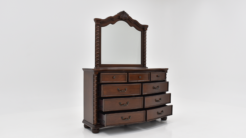 Darren Dresser with Mirror with Cherry Brown Finish, Slightly Angled View with Drawers Open | Home Furniture Plus Bedding	