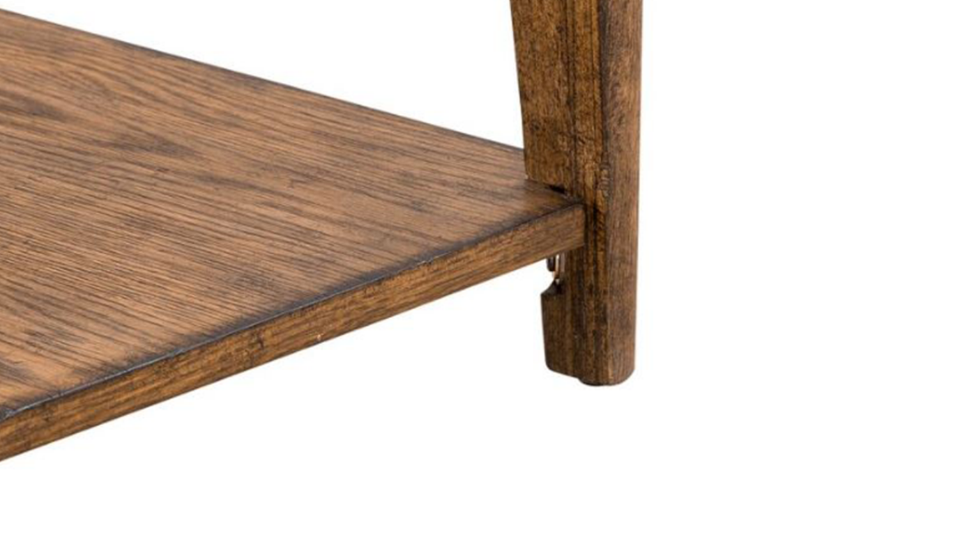 Ashford Rectangle End Table with Sienna Brown Finish, View of Bottom Corner with Shelf | Home Furniture Plus Bedding 