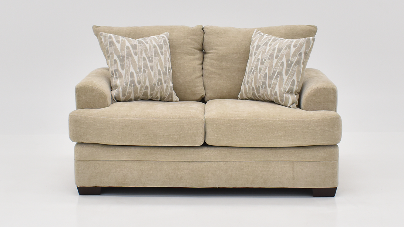 Aden Loveseat with Tan Upholstery and Accent Pillows, Front Facing  | Home Furniture Plus Bedding