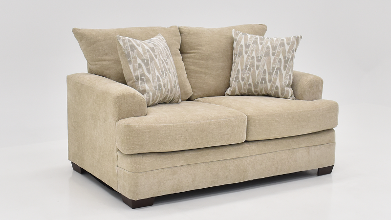 Aden Loveseat with Tan Upholstery and Accent Pillows, Slightly Angled View  | Home Furniture Plus Bedding