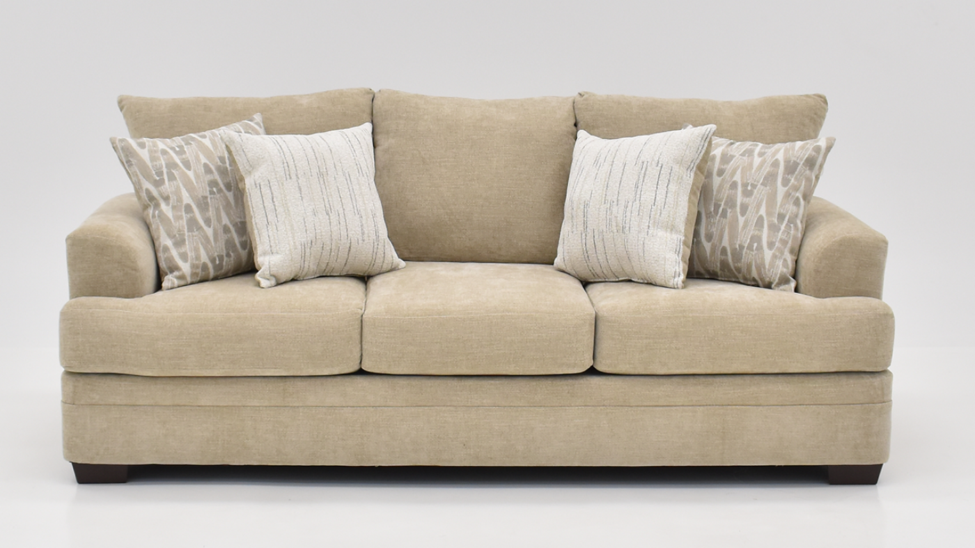 Aden Sofa with Tan Upholstery and Accent Pillows, Front Facing | Home Furniture Plus Bedding