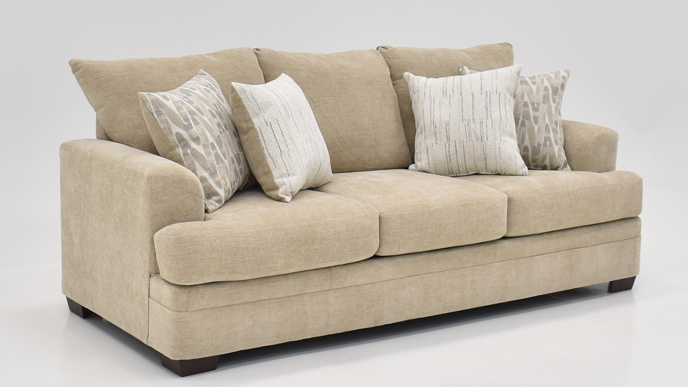 Aden Sofa with Tan Upholstery and Accent Pillows, Slightly Angled View | Home Furniture Plus Bedding