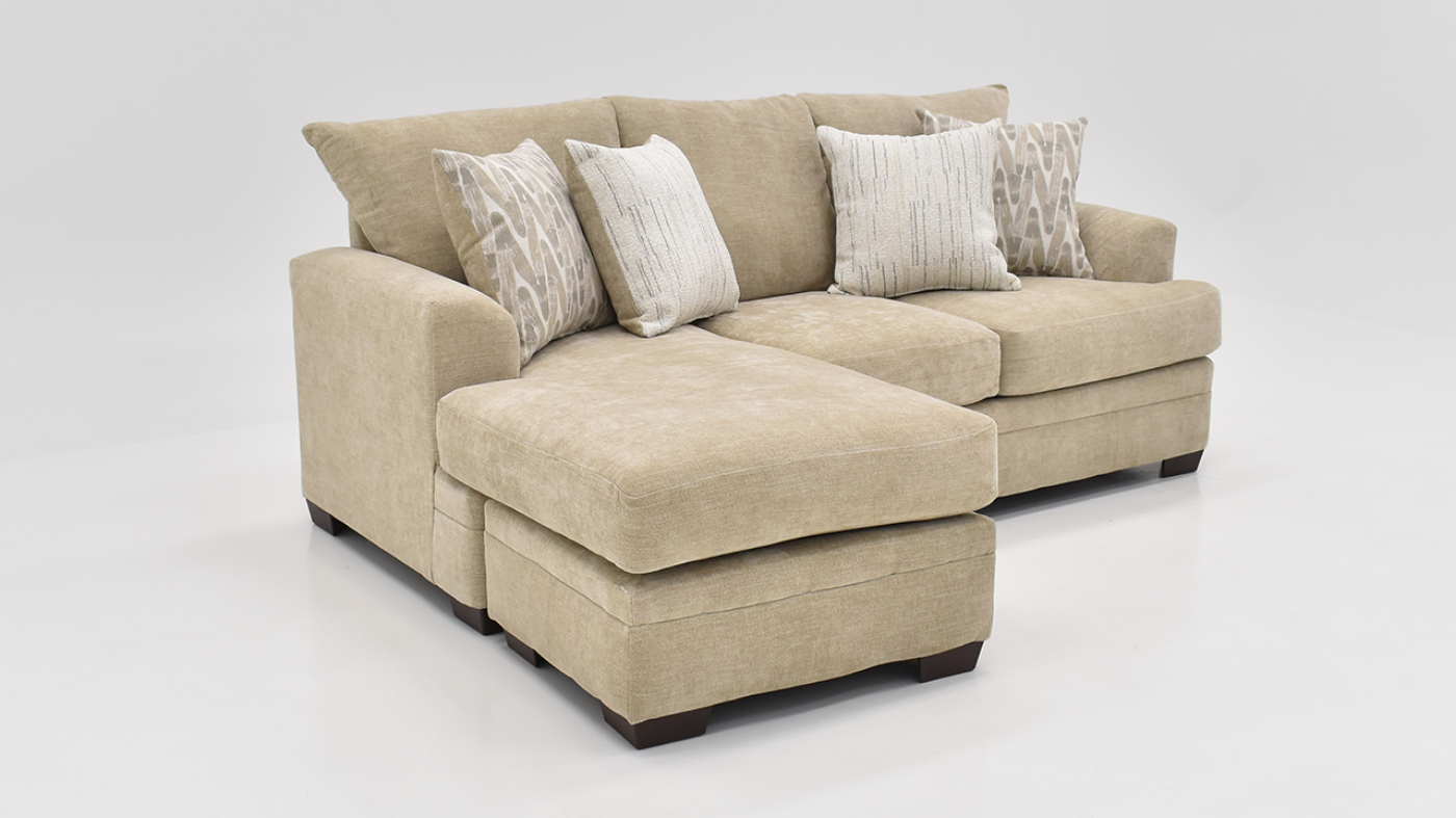 Aden Sofa with Full Chaise with Tan Upholstery and Accent Pillows | Home Furniture Plus Bedding	