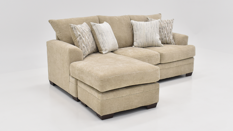 Aden Sofa with Full Chaise with Tan Upholstery and Accent Pillows | Home Furniture Plus Bedding	