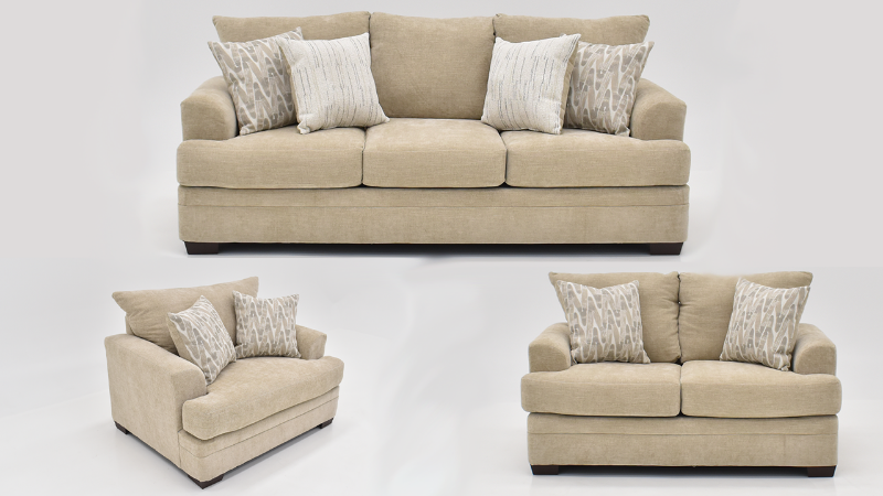 Aden Living Room Sofa Set with Tan Upholstery, Includes Sofa, Loveseat and Chair | Home Furniture Plus Bedding