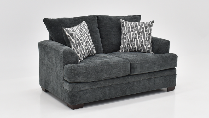 Aden Loveseat with Gray Upholstery and Accent Pillows, Slightly Angled View | Home Furniture Plus Bedding