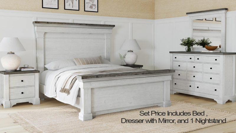 View of the Valley Ridge Queen Size Bedroom Set  in Off White with Gray by Samuel Lawrence | Home Furniture Plus Bedding