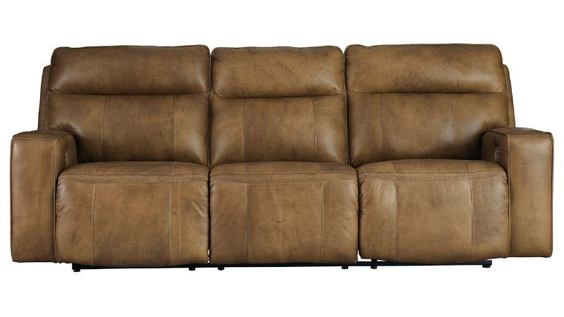 Front Facing View of the Game Plan POWER Reclining Sofa in Light Brown by Ashley | Home Furniture Plus Bedding