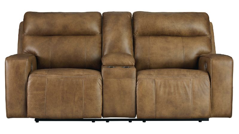 Front Facing View of the Game Plan POWER Reclining Loveseat in Light Brown by Ashley | Home Furniture Plus Bedding