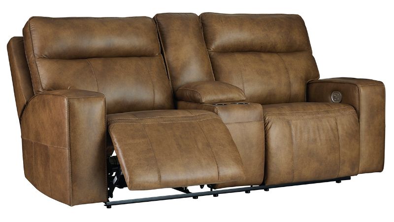 Slightly Angled View of the Game Plan POWER Reclining Loveseat in Light Brown by Ashley | Home Furniture Plus Bedding