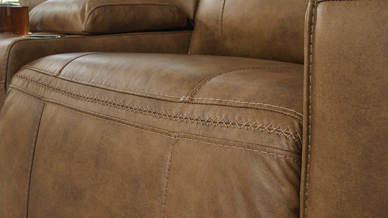 Close Up View of the Game Plan POWER Reclining Loveseat in Light Brown by Ashley | Home Furniture Plus Bedding