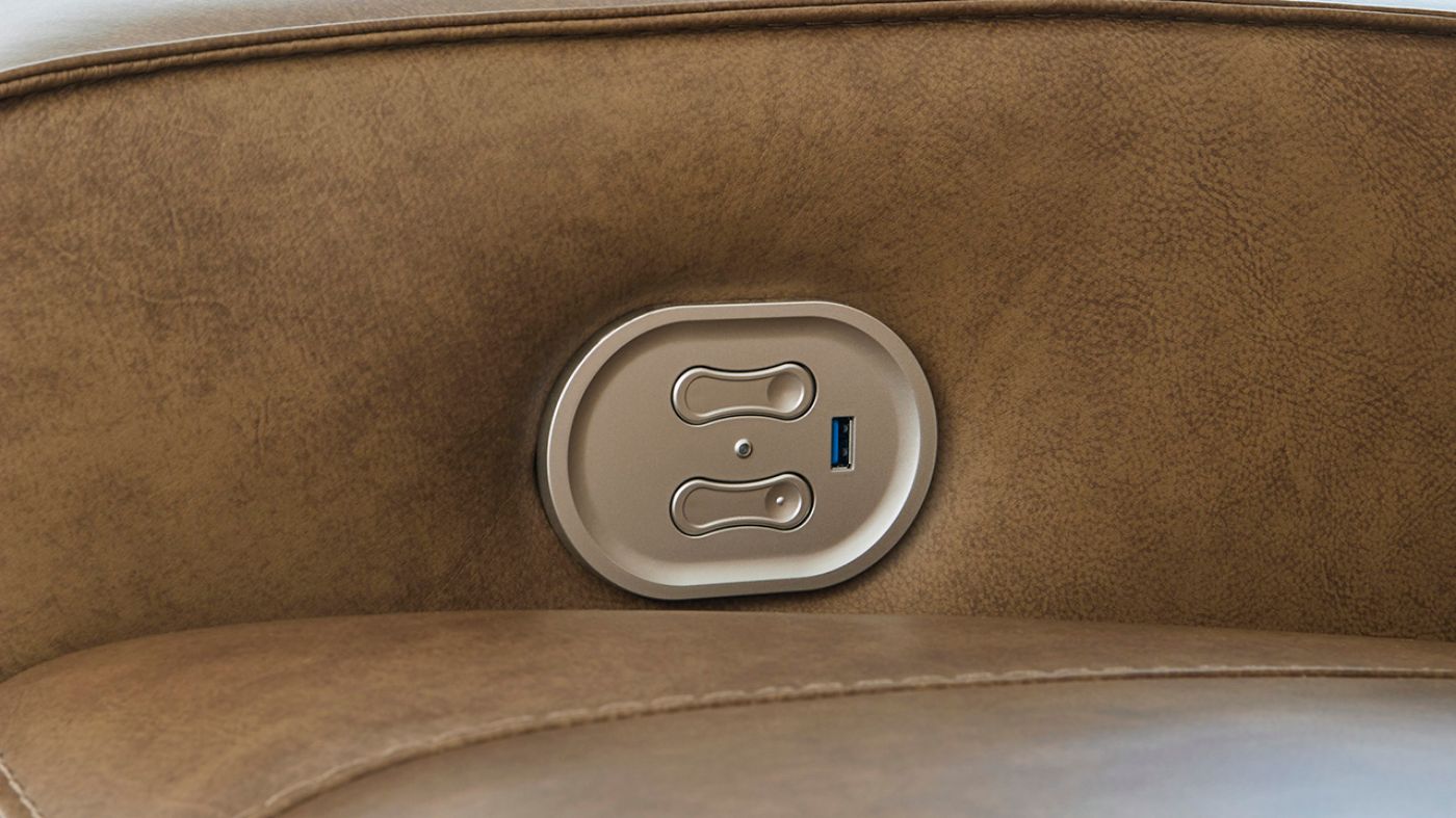 Close Up View of the Game Plan POWER Reclining Loveseat in Light Brown by Ashley | Home Furniture Plus Bedding