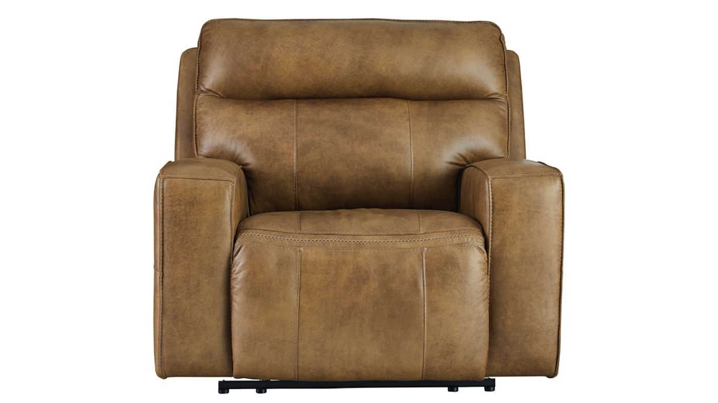 Front Facing View of the Game Plan POWER Recliner in Light Brown by Ashley | Home Furniture Plus Bedding