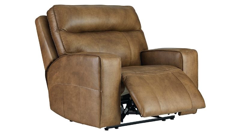 Angled View of the Game Plan POWER Recliner in Light Brown by Ashley | Home Furniture Plus Bedding