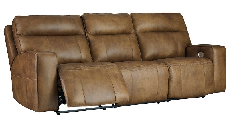 Slightly Angled View of the Game Plan POWER Reclining Sofa in Light Brown by Ashley | Home Furniture Plus Bedding