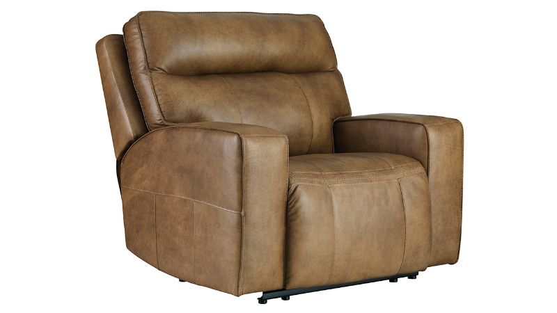 Slightly Angled View of the Game Plan POWER Recliner in Light Brown by Ashley | Home Furniture Plus Bedding