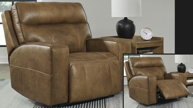 Room View of the Game Plan POWER Recliner in Light Brown by Ashley | Home Furniture Plus Bedding