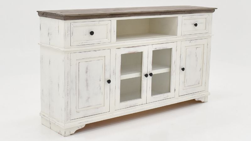 Angled View of the Charleston TV Console in White with Gray by Vintage Furniture | Home Furniture Plus Bedding