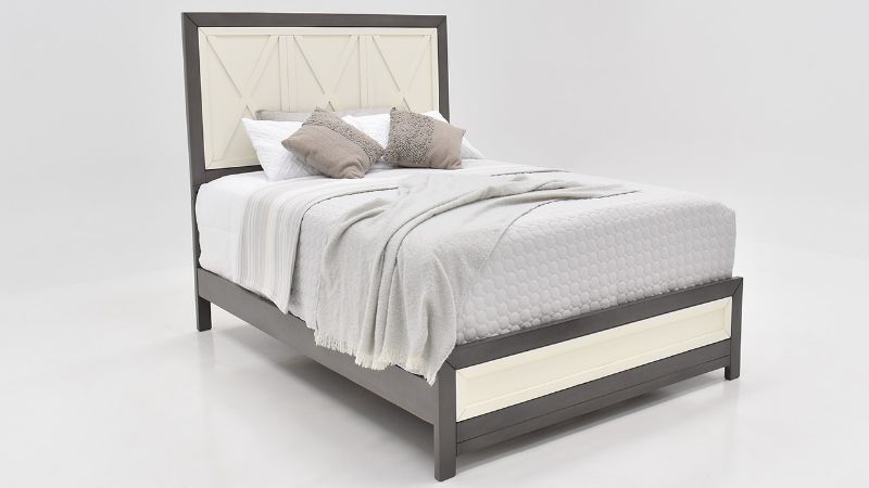 Angled View of the Reed Queen Bed in Off White and Slate Gray by Vintage Furniture | Home Furniture Plus Bedding