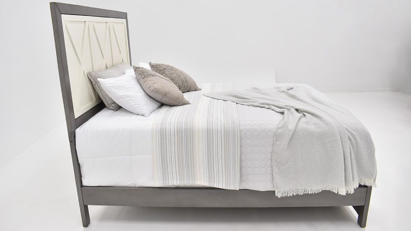 Side View of the Reed Queen Bed in Off White and Slate Gray by Vintage Furniture | Home Furniture Plus Bedding