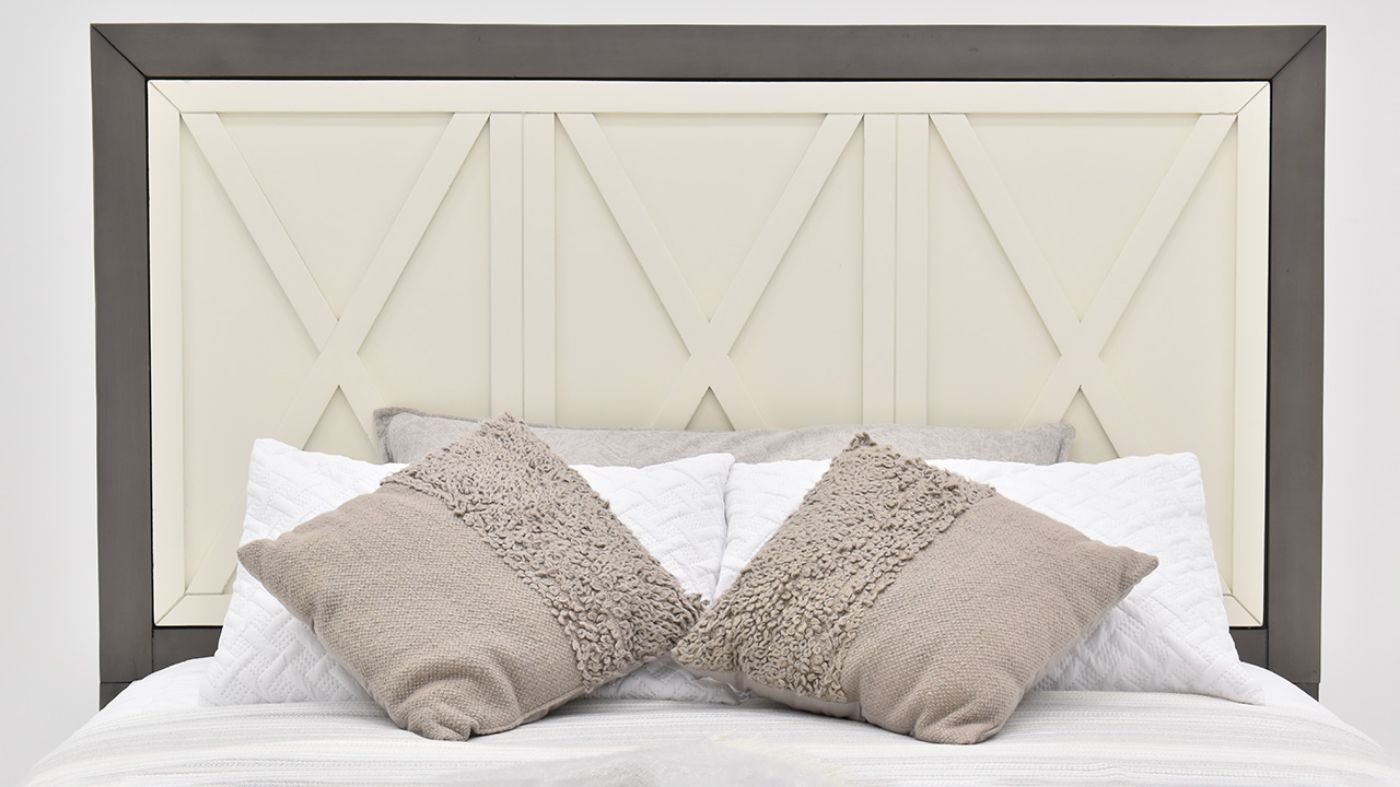 Close Up  View of the Reed Queen Bed in Off White and Slate Gray by Vintage Furniture | Home Furniture Plus Bedding