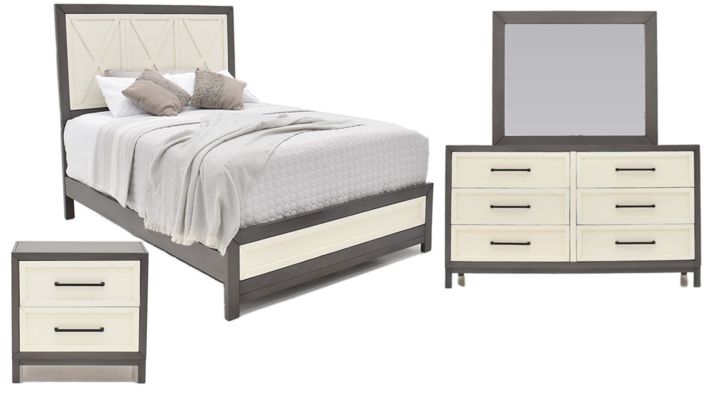 Group  View of the Reed King Size Bedroom Set in Off White and Slate Gray by Vintage Furniture | Home Furniture Plus Bedding