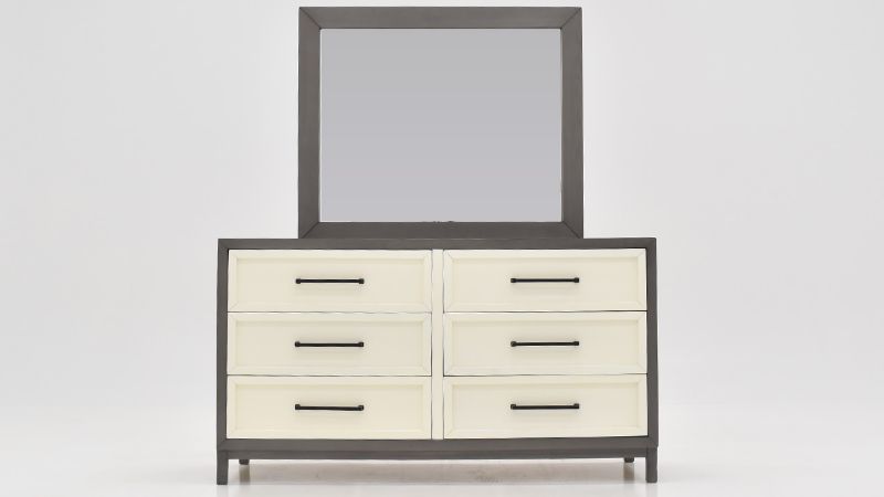 Front View of the Reed Dresser with Mirror in Off White and Slate Gray by Vintage Furniture | Home Furniture Plus Bedding