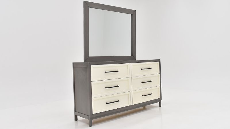Angled View of the Reed Dresser with Mirror in Off White and Slate Gray by Vintage Furniture | Home Furniture Plus Bedding