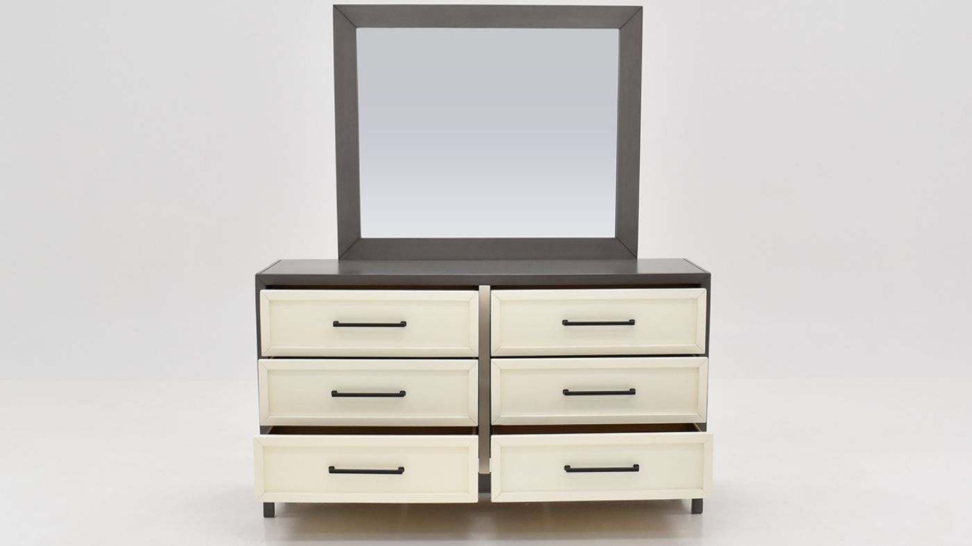 Front Open View of the Reed Dresser with Mirror in Off White and Slate Gray by Vintage Furniture | Home Furniture Plus Bedding