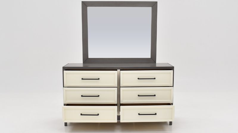 Front Open View of the Reed Dresser with Mirror in Off White and Slate Gray by Vintage Furniture | Home Furniture Plus Bedding