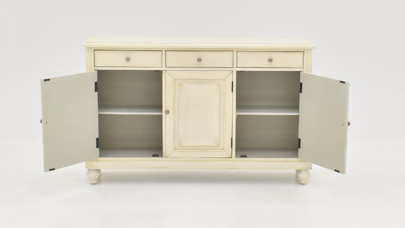 Dove 3 Door Console Cabinet with Off White Finish, Front Facing with Side Doors Open | Home Furniture Plus Bedding