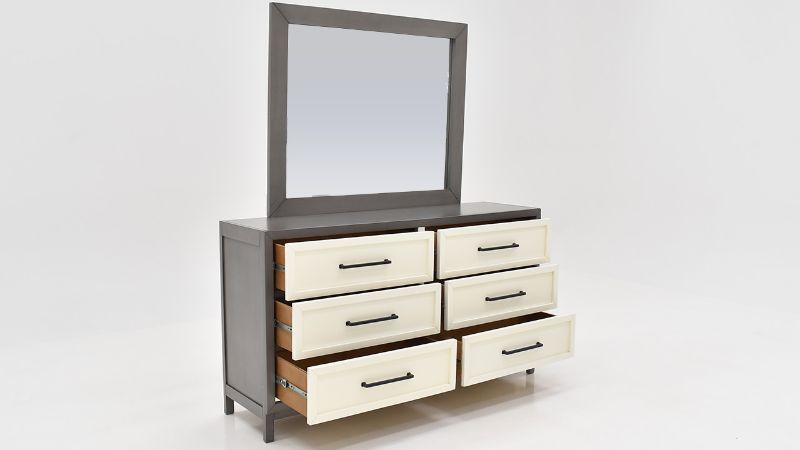 Angled Open View of the Reed Dresser with Mirror in Off White and Slate Gray by Vintage Furniture | Home Furniture Plus Bedding