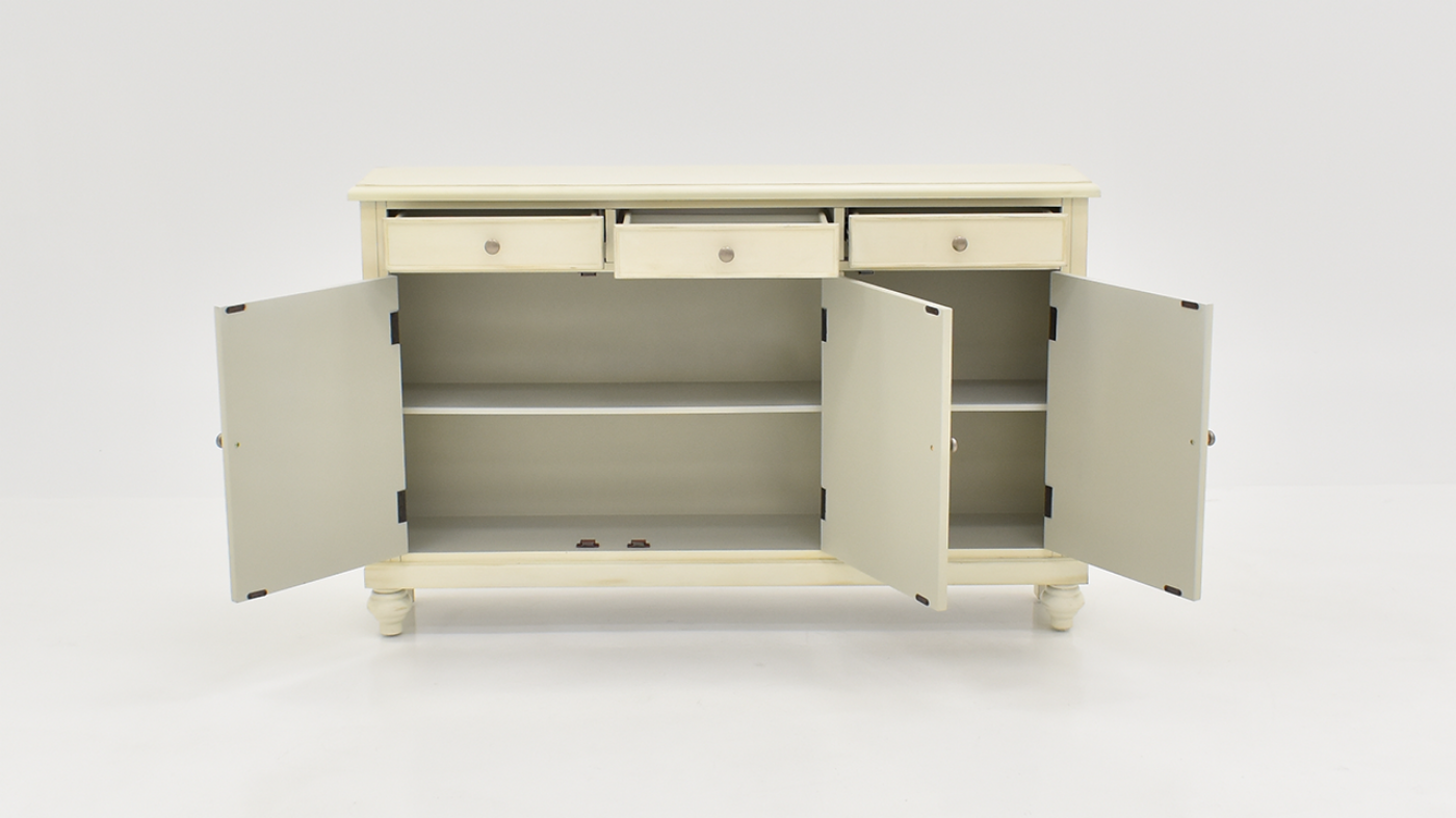 Dove 3 Door Console Cabinet with Off White Finish, Front Facing with All 3 Doors Open | Home Furniture Plus Bedding