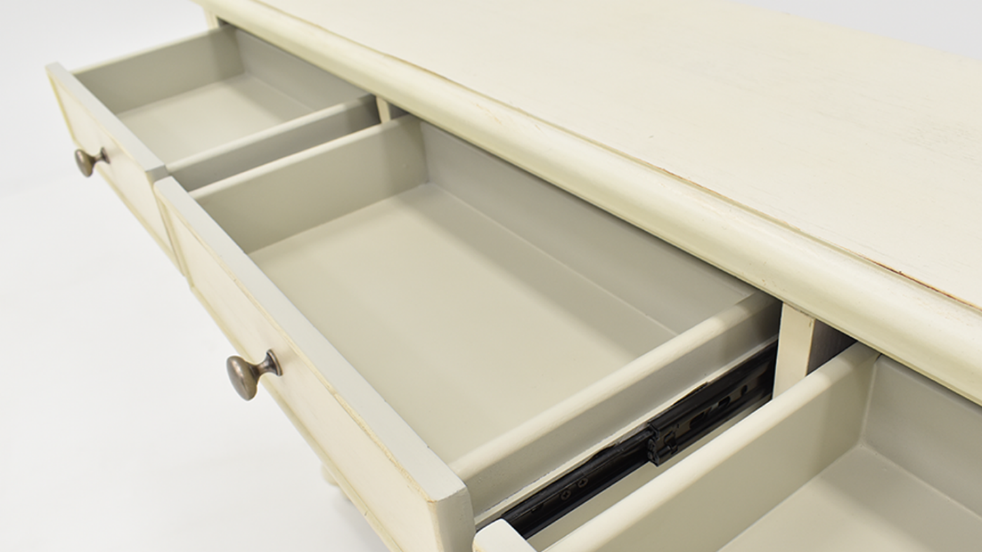 Dove 3 Door Console Cabinet with Off White Finish, Close Up of Drawer Interiors | Home Furniture Plus Bedding