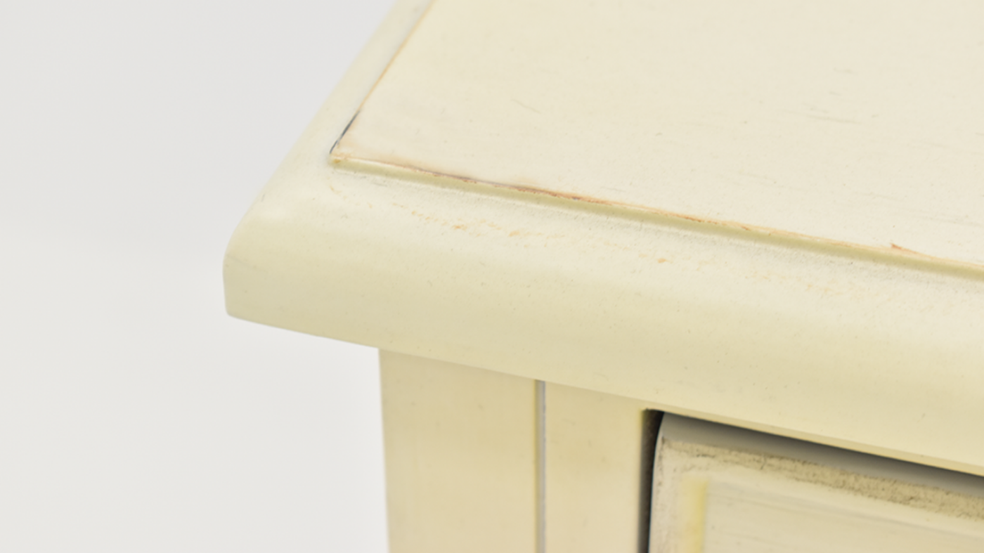 Dove 3 Door Console Cabinet with Off White Finish, Close Up of Top Corner | Home Furniture Plus Bedding
