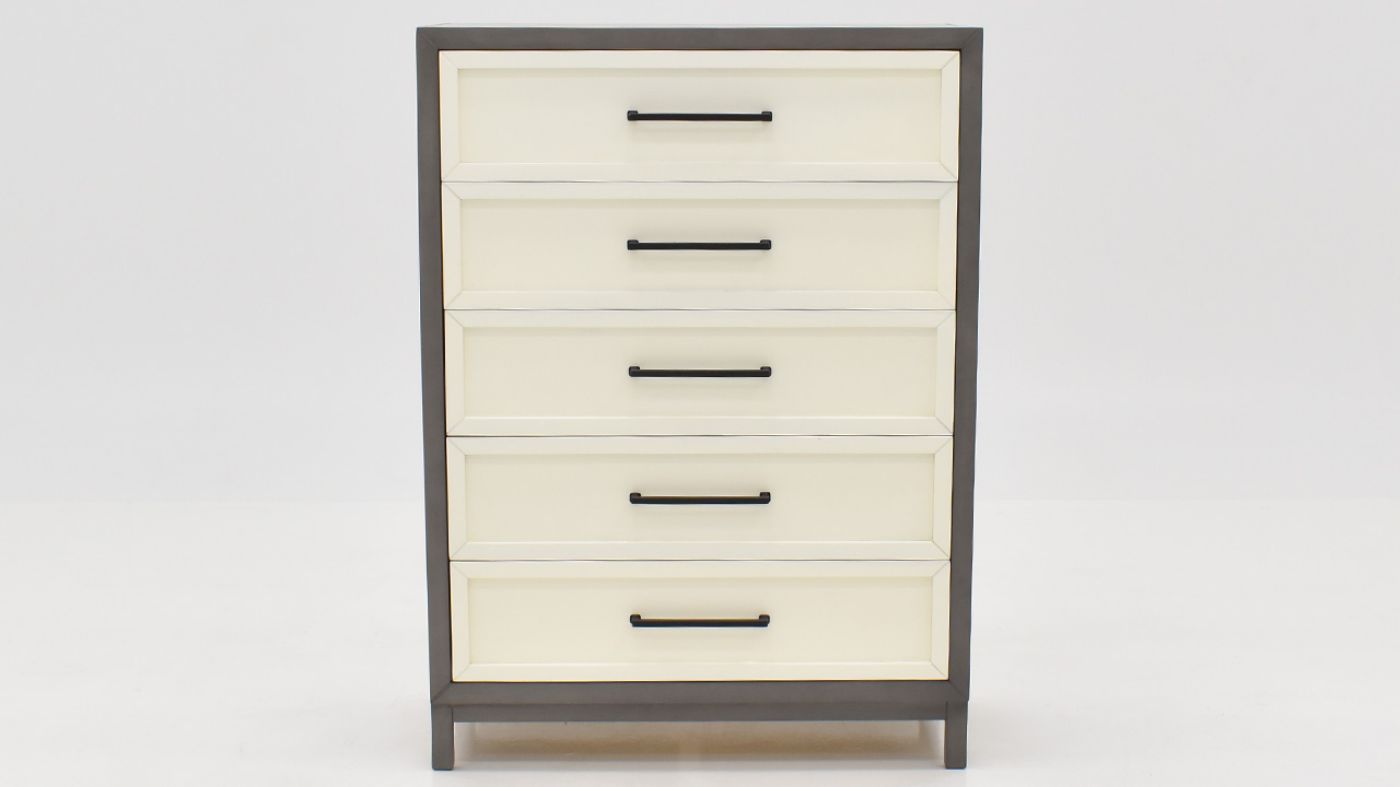 Front View of the Reed Chest of Drawers in Off White and Slate Gray by Vintage Furniture | Home Furniture Plus Bedding