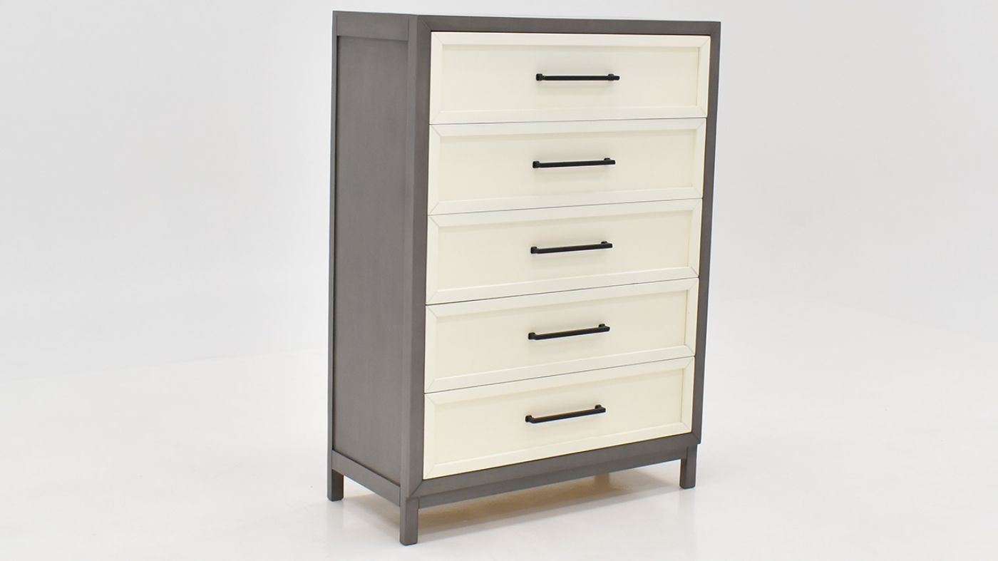 Angled View of the Reed Chest of Drawers in Off White and Slate Gray by Vintage Furniture | Home Furniture Plus Bedding