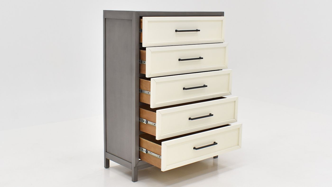 Angled Open View of the Reed Chest of Drawers in Off White and Slate Gray by Vintage Furniture | Home Furniture Plus Bedding