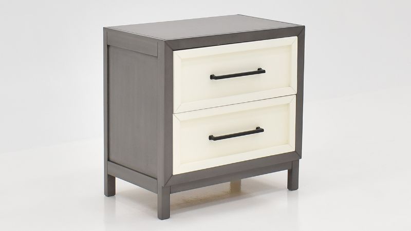 Angled View of the Reed Nightstand in Off White and Slate Gray by Vintage Furniture | Home Furniture Plus Bedding
