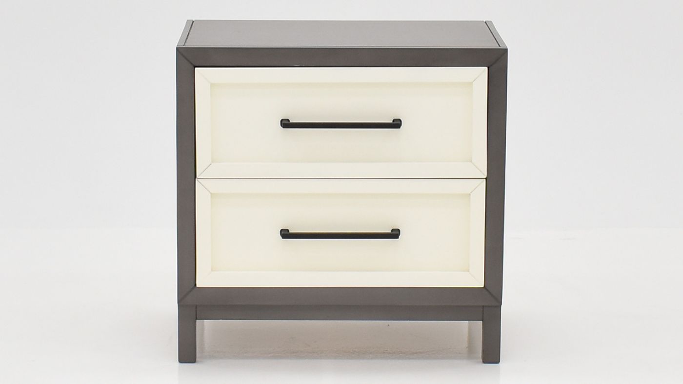 View of the Reed King Size Bedroom Set in Off White and Slate Gray by Vintage Furniture | Home Furniture Plus Bedding