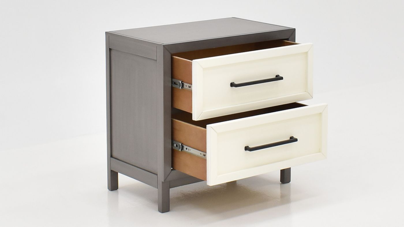 View of the Reed King Size Bedroom Set in Off White and Slate Gray by Vintage Furniture | Home Furniture Plus Bedding