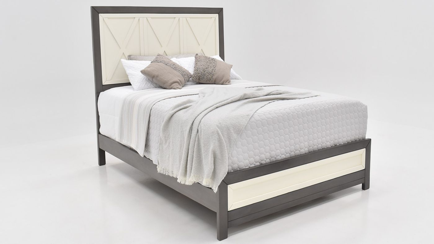 View of the Reed King Size Bedroom Set in Off White and Slate Gray by Vintage Furniture | Home Furniture Plus Bedding