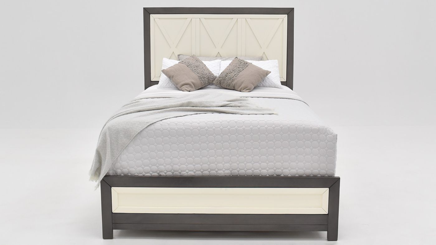 View of the Reed King Size Bedroom Set in Off White and Slate Gray by Vintage Furniture | Home Furniture Plus Bedding