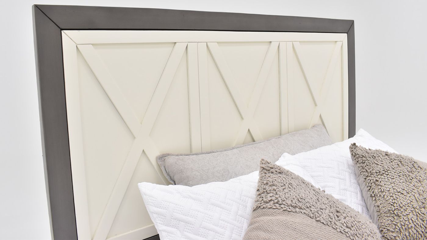 View of the Reed King Size Bedroom Set in Off White and Slate Gray by Vintage Furniture | Home Furniture Plus Bedding