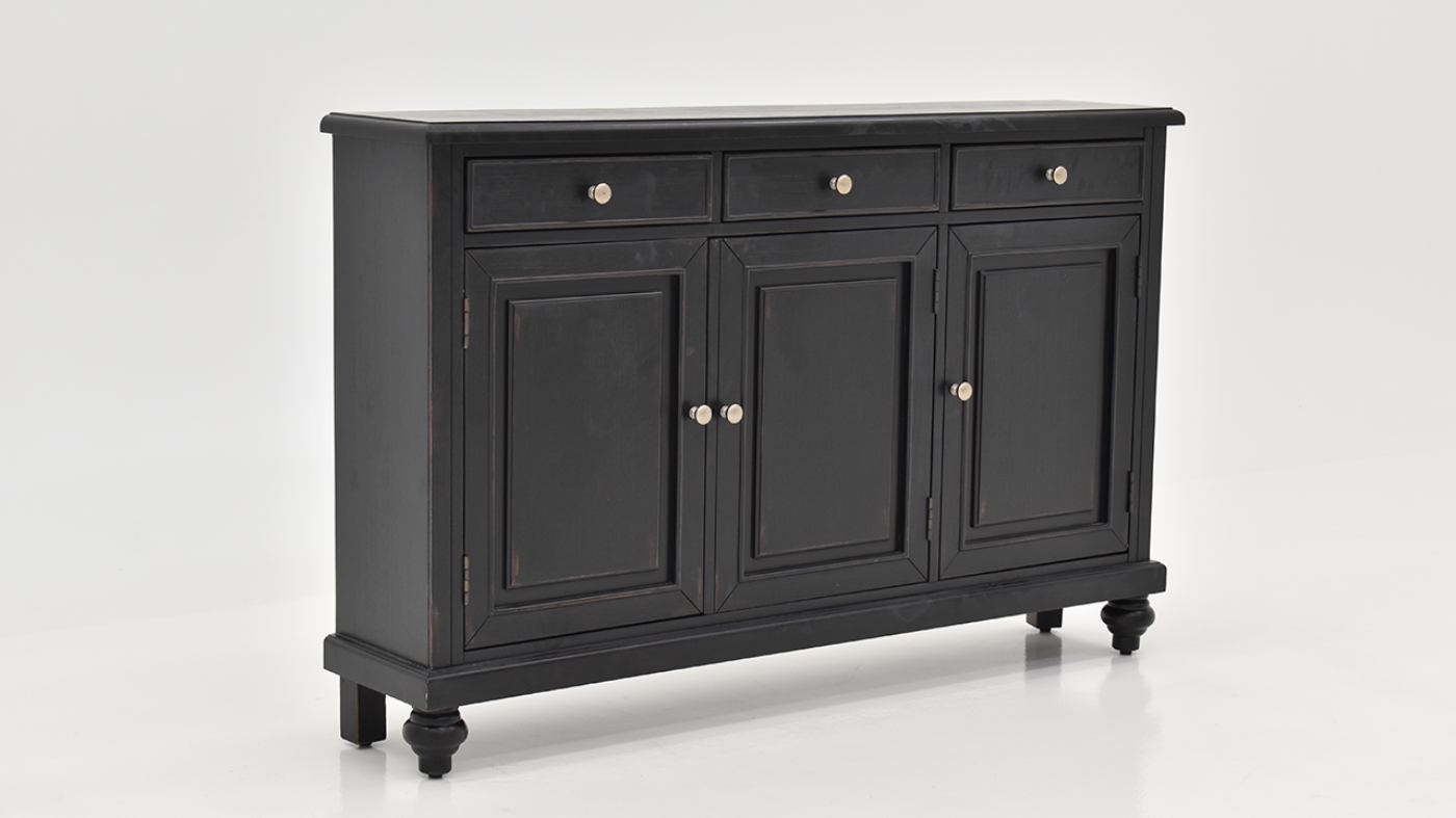 Raven 3 Door Console Media Cabinet with Black Finish, Slightly Angle View of Front | Home Furniture Plus Bedding