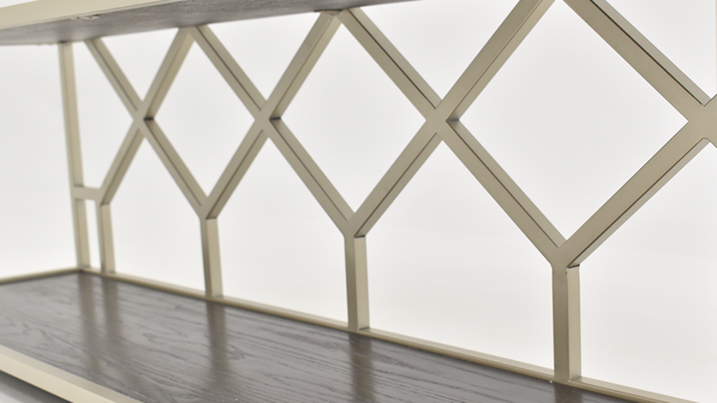 Toro Console with Open Shelves, Close Up of Back Panel with Metallic Finish | Home Furniture Plus Bedding