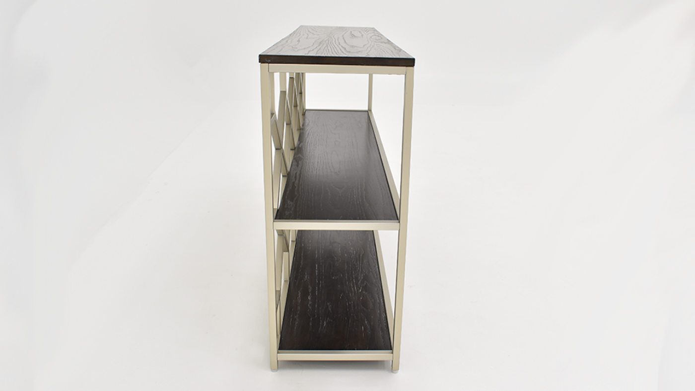 Toro Console with Open Shelves, Close Up of Dark Brown Finish on Top Shelf | Home Furniture Plus Bedding